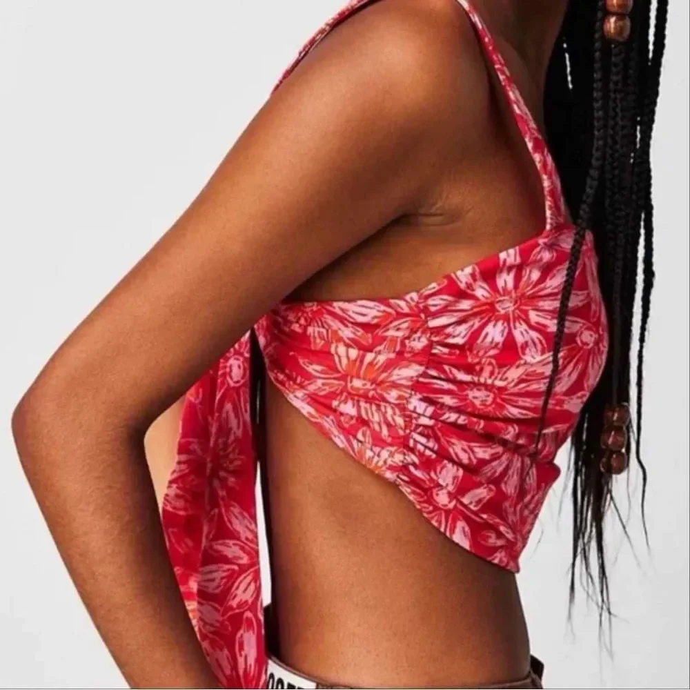 NWT Free People Red Floral Square Neck Wide Strap Cropped Tank Top